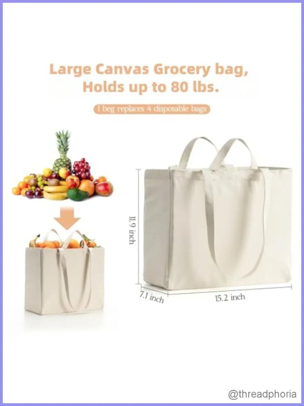 3 Pack 12oz Canvas Reusable Grocery Bags Heavy Duty Tote with Long Shoulder